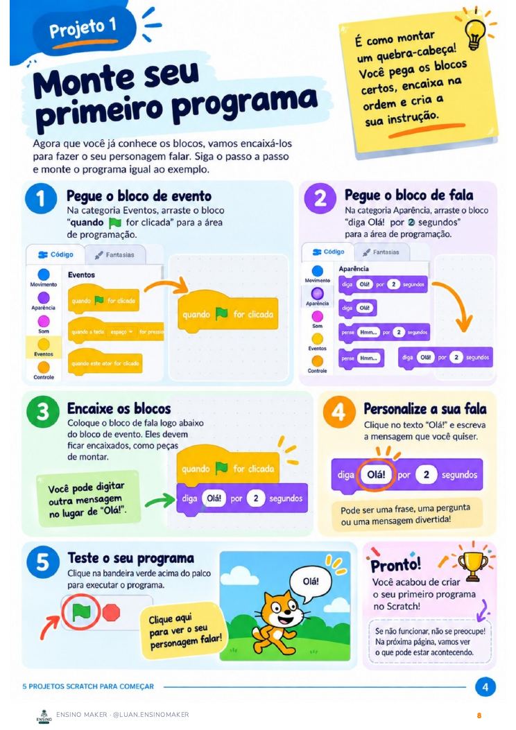 Página real do guia mostrando o passo a passo com os blocos do primeiro projeto no Scratch