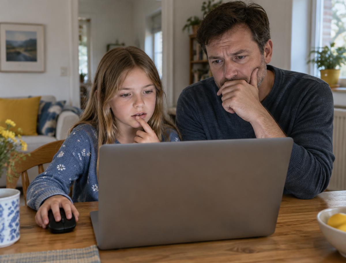 Menina com a mão no mouse diante do notebook e o pai ao lado, pensativo e inseguro sobre como ajudar